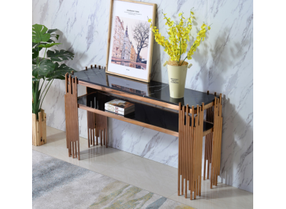 Tavolo console in legno design, tavolo console, console in legno dorato e nero.