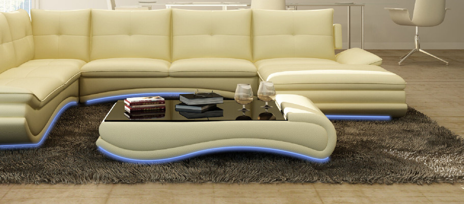 Tavolo da divano Design Soggiorno Vetro Pelle Divano Tavolino Caffè Tavolino da salotto