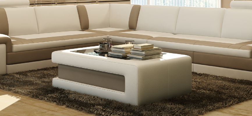 Tavolino design imbottito per soggiorno moderno con divano.  