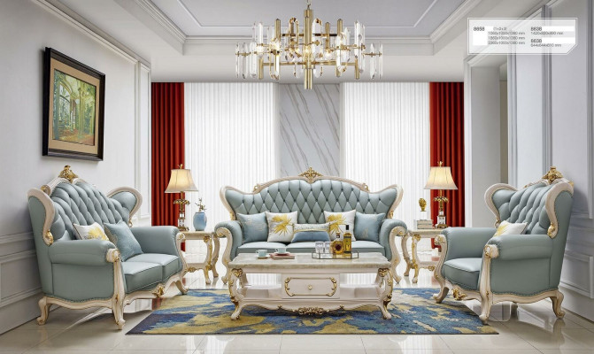 6 pezzi (divano 3 posti + 2 posti + poltrona + tavolino + 2 tavolini da salotto in legno massello)