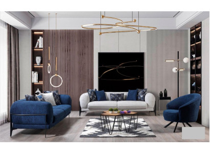 Set di divani di lusso 3 + 3 + 1 posti in pelle Moderno, divano, poltrona Blu, set di divani 3 pezzi, nuovo.