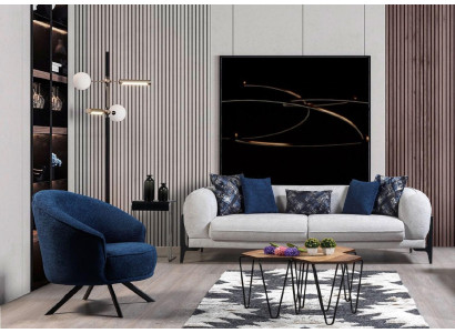 Set di divani di lusso 3 + 3 + 1 posti in pelle Moderno, divano, poltrona Blu, set di divani 3 pezzi, nuovo.
