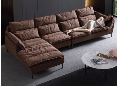 Soggiorno Design Angolo Tessuto Pelle Marrone Divano di Lusso Sofa Imbottitura a L-Forma Nuovo