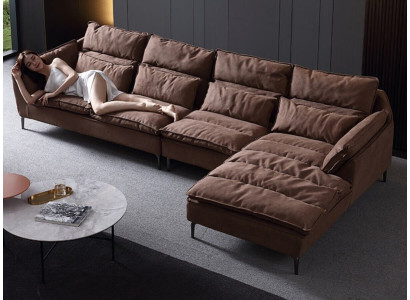 Soggiorno Design Angolo Tessuto Pelle Marrone Divano di Lusso Sofa Imbottitura a L-Forma Nuovo