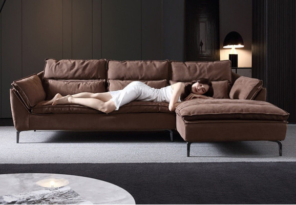 Soggiorno Design Angolo Tessuto Pelle Marrone Divano di Lusso Sofa Imbottitura a L-Forma Nuovo