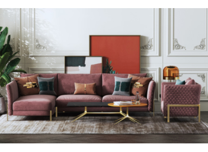 Soggiorno divano ad angolo a forma di L, poltrona, set di divanetti moderni in tessuto.