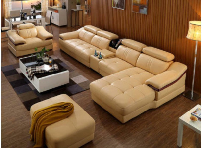 Soggiorno di lusso, divano ad angolo moderno in tessuto a forma di L, relax, seduta, mobili.