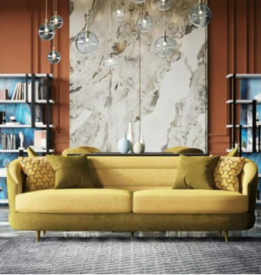 Divano design Lounge in velluto giallo con divano a 3 posti + 1 poltrona.