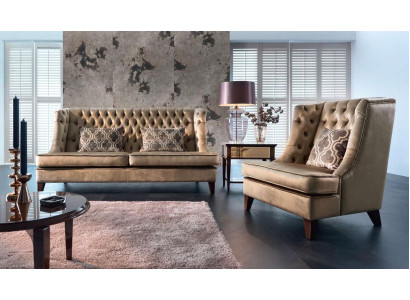 Sofagarnitur Divano Set 3 posti Chesterfield moderno in tessuto marrone 3 pezzi
