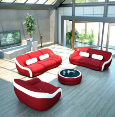 Set di divani in pelle da salotto design XXL con cuscini, composto da divano a 3 posti e 2 poltrone.