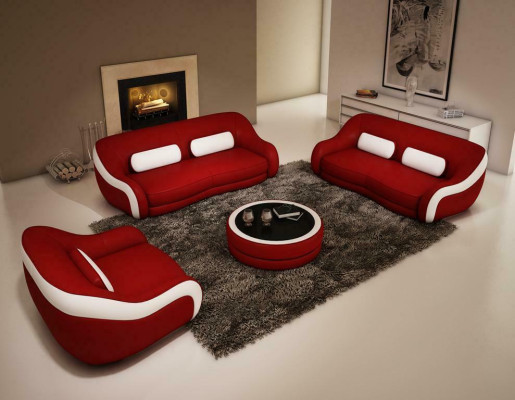 Set di divani in pelle da salotto design XXL con cuscini, composto da divano a 3 posti e 2 poltrone.