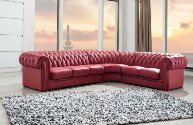 Classico Chesterfield imbottito angolare in pelle decoro set di divani salotto