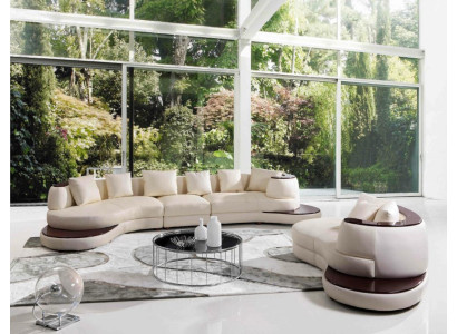 Moderno set di divani angolari in pelle per divano imbottito a isola rotonda.