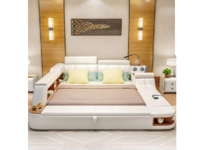 Letto multifunzione di lusso in pelle con design, letto doppio da hotel con scaffale a doppia mensola.