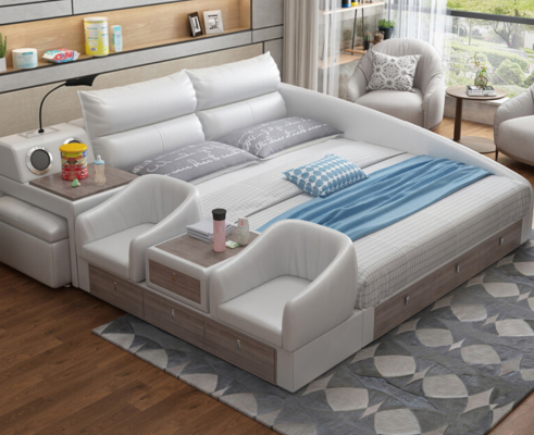 Letto multifunzione con scaffale, armadio, stazione di ricarica USB, letto matrimoniale in pelle.