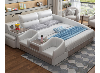 Letto multifunzione con scaffale, armadio, stazione di ricarica USB, letto matrimoniale in pelle.