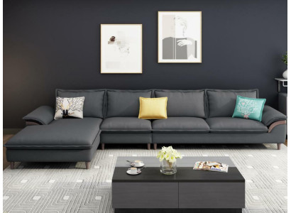 Sofà angolare di lusso in tessuto a L, imbottitura moderna, seduta rilassante, arredamento per soggiorno.