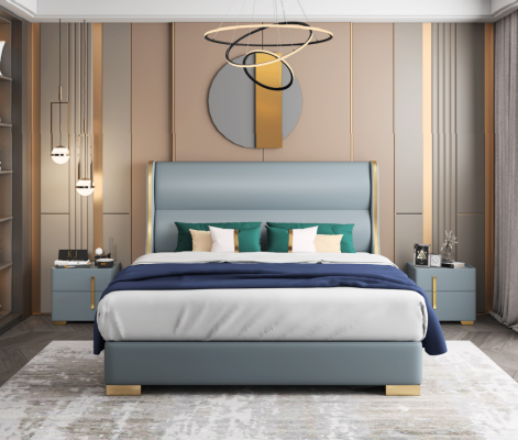 Camera da letto di lusso Designer Letto matrimoniale Letto 150/180x200cm Pelle Metallo