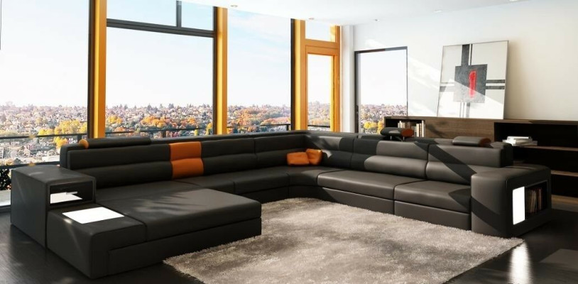 Divano d'angolo Divano Divano Imbottito Set di Design Tessuto Pelle Salotto