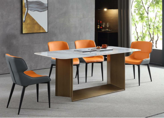 Mobili in acciaio inossidabile da tavolo di lusso, tavoli da pranzo in stile colonnato in marmo metallico.