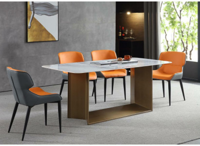 Mobili in acciaio inossidabile da tavolo di lusso, tavoli da pranzo in stile colonnato in marmo metallico.