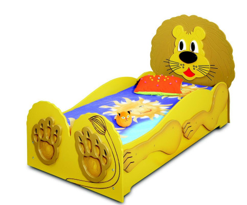 Letto per bambini, letto per ragazzi, letto, letti inclusa materasso, letto in legno, animale leone, mobili per bambini.