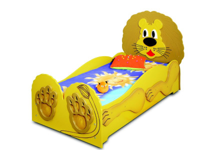 Letto per bambini, letto per ragazzi, letto, letti inclusa materasso, letto in legno, animale leone, mobili per bambini.