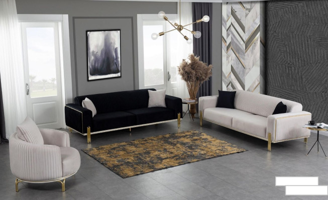 Divano a tre posti in velluto con struttura in metallo dorato, design moderno e imbottitura. Nuovi.