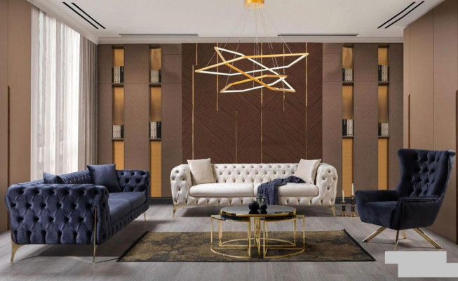 Set di divani blu divano di lusso divani poltrone 3+3+1 posti Chesterfield design velluto