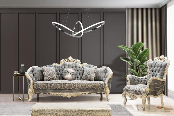 Divano Barocco 3 posti Grigio Soggiorno Design Classico Divano Tessile