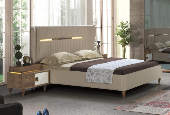 Set camera da letto: letto, 2 comodini, 5 pezzi, design tessile in legno, armadio.