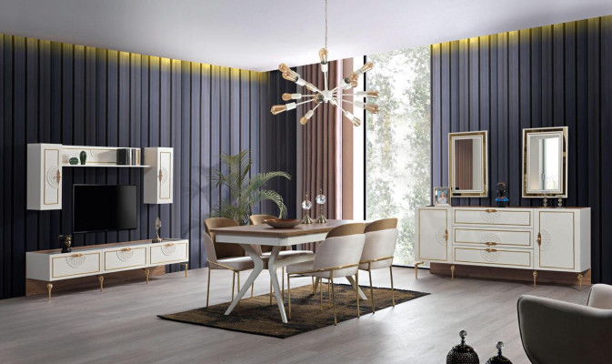 Set soggiorno: credenza con 2 specchi, tre pezzi in legno bianco, madia.