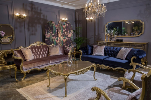Divano Chesterfield a tre posti in lussuoso colore blu per il soggiorno
