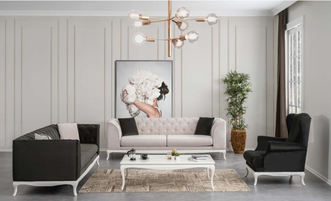 Set completo di divani Chesterfield, divani imbottiti in tessuto nero 3 pezzi