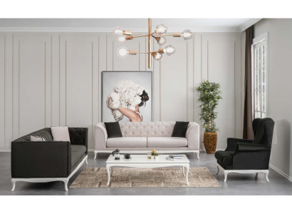 Set completo di divani Chesterfield, divani imbottiti in tessuto nero 3 pezzi