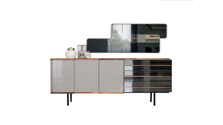 Mobile contenitore bianco con specchio in legno per sala da pranzo.