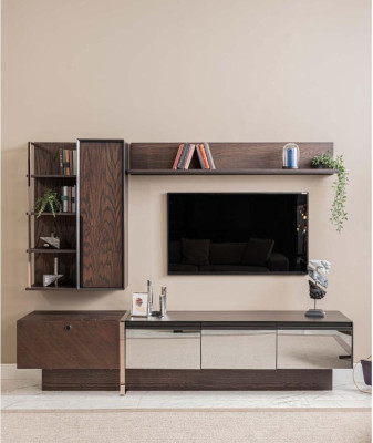 Mobile porta TV con mensole, credenza RTV, credenza bassa, sideboard in legno marrone.