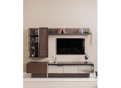 Mobile porta TV con mensole, credenza RTV, credenza bassa, sideboard in legno marrone.