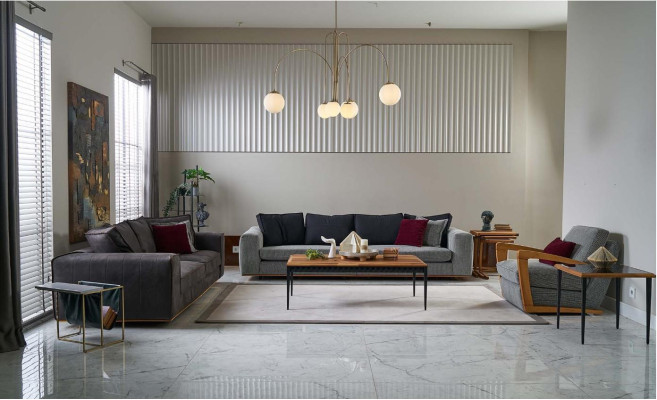 Divani imbottiti, set completo di divani in tessuto grigio, 4 pezzi, nuovo.