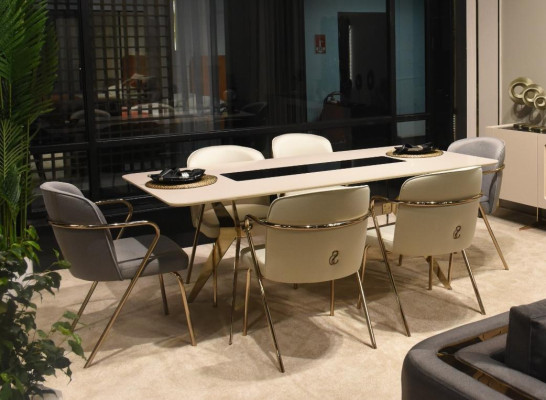 Set da pranzo di lusso con tavolo da pranzo + 6 sedie + credenza con specchio