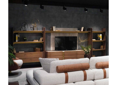 Design del soggiorno di lusso, set di mobili in legno marrone, scaffale librerie.