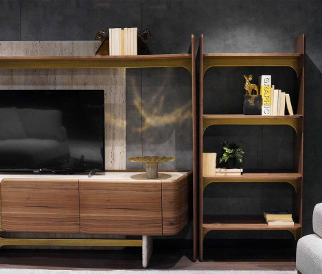 Design del soggiorno di lusso, set di mobili in legno marrone, scaffale librerie.