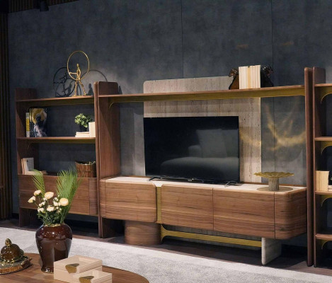Design del soggiorno di lusso, set di mobili in legno marrone, scaffale librerie.