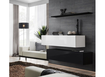 Soggiorno nero, set di mobili per parete design, moderni, nuovi, con scaffale a parete.