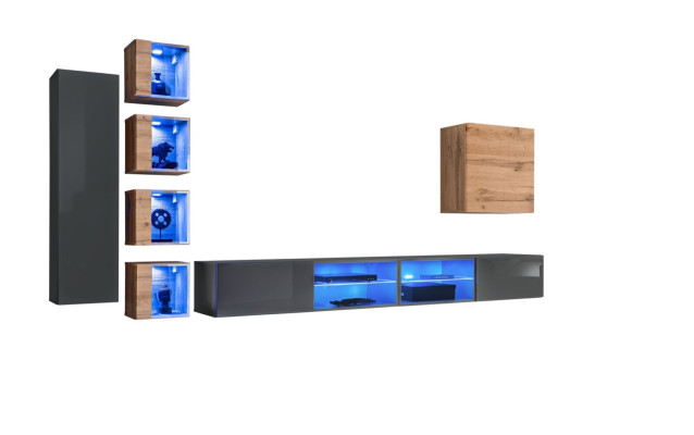 Soggiorno Parete attrezzata Grigio Moderna Mobili Porta TV Armadietto a muro Scaffali