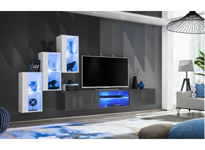 Mobile porta TV in grigio, set completo di mobili da parete con scaffali e armadietto a parete.