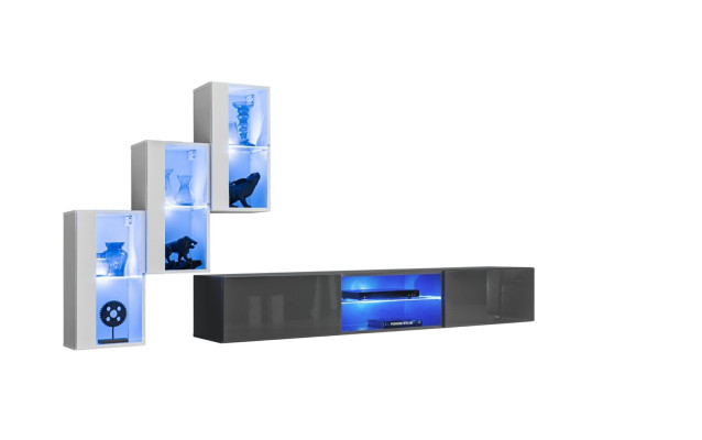 Mobile porta TV in grigio, set completo di mobili da parete con scaffali e armadietto a parete.