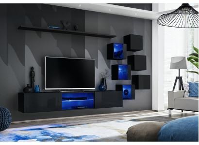 Set completo in nero per parete attrezzata di lusso in legno design moderno con armadio a muro.