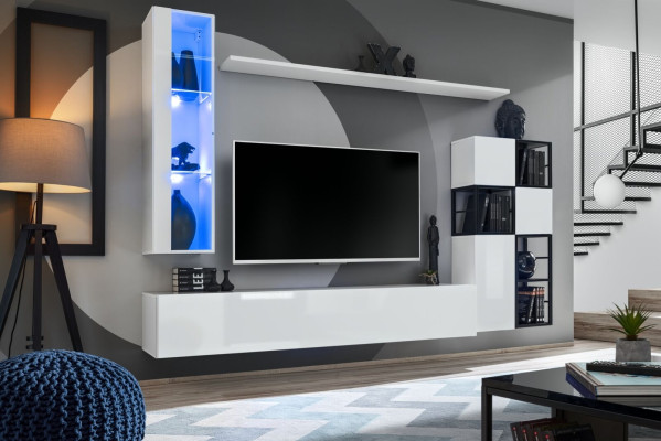 Espositore a parete bianco Mobile porta TV design completo 9 pezzi Mobili in legno Scaffali