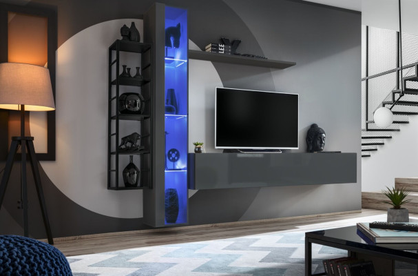 Design dell'arredamento moderno per parete attrezzata per soggiorno, con supporto TV, parete e vetrina.